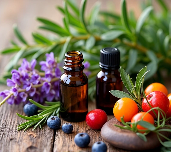 Natural ingredients including fresh herbs, berries, and botanical elements arranged on a rustic wooden surface